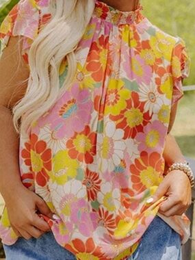 Vici Sugarlips Floral Mock Neck Cap Sleeve Blouse - Pink Multi